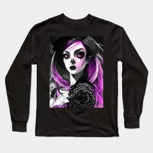 Emotional Contrast: Engaging Black and White Anime Girl Illustrations Gothic Goth Dark Pink Hair Violet Long Sleeve T-Shirt